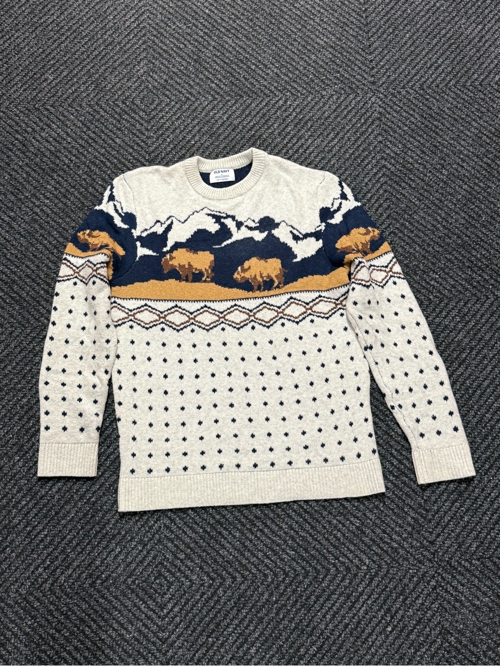 Old Navy Men's Cream, Navy & Tan Buffalo Fair Isle Crewneck Sweater